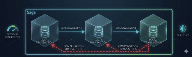 Diagrama do Saga Pattern com fluxo de transações distribuídas